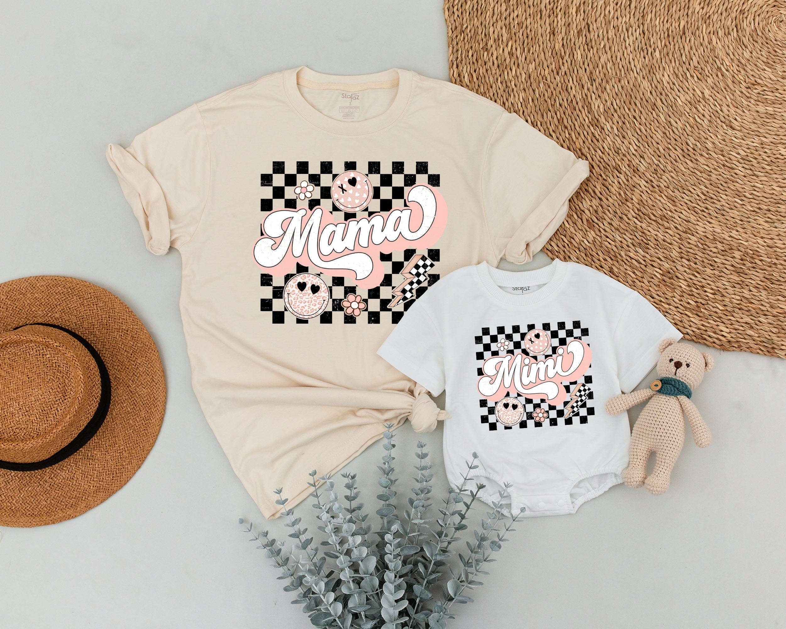 Personalized Retro Mama and Mini Shirts Checkered Smiley Design Comfortable Cotton Matching Outfit for Mother Daughter Gift Idea