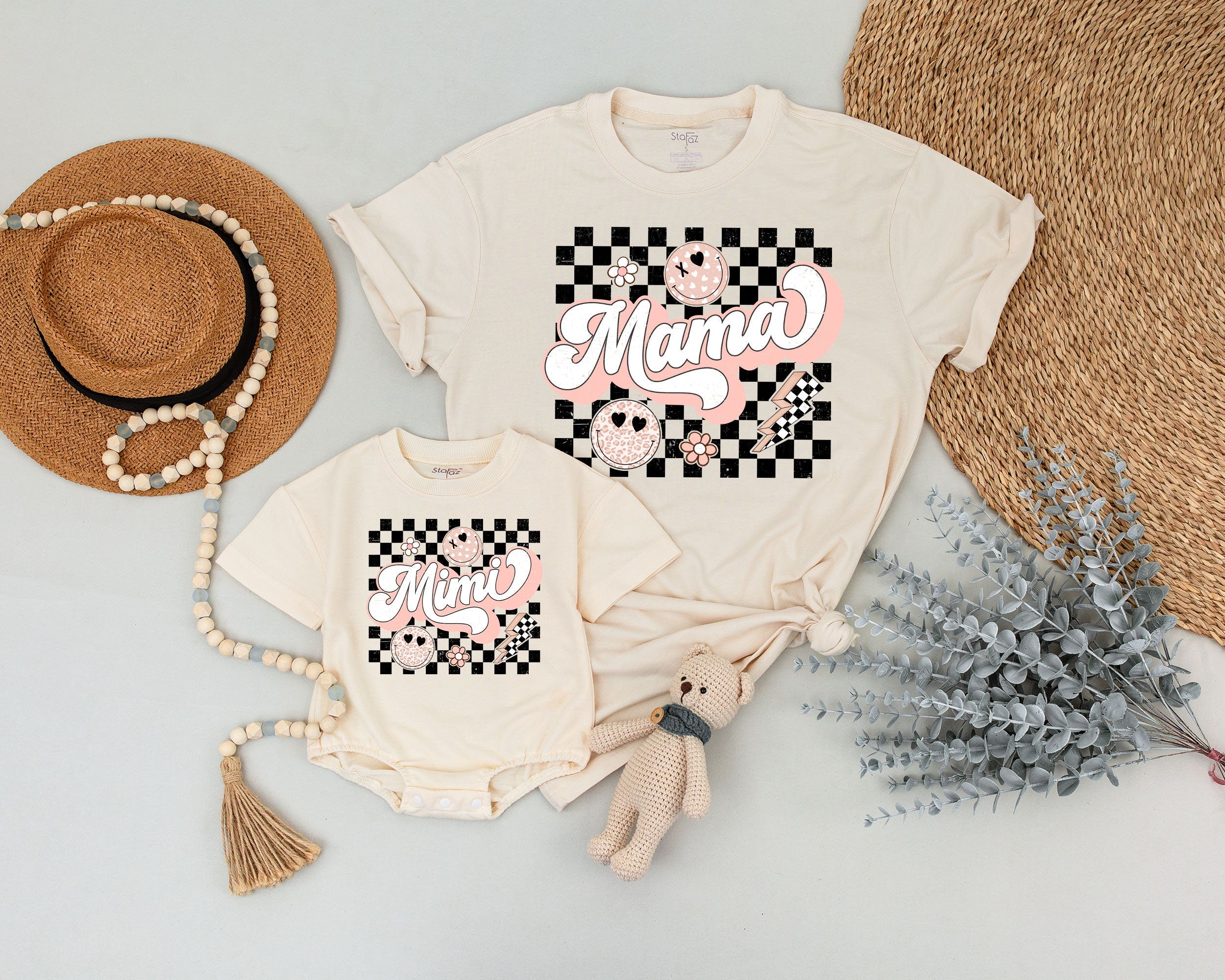 Personalized Retro Mama and Mini Shirts Checkered Smiley Design Comfortable Cotton Matching Outfit for Mother Daughter Gift Idea