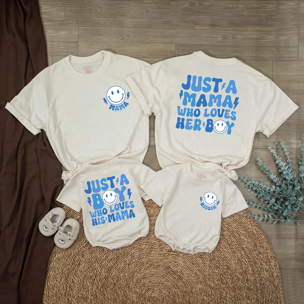 Personalized Retro Mom and Son Matching Outfits with Smiley Face, Cute Boy Mama Shirt and Bubble Romper Gift for Baby or Toddler