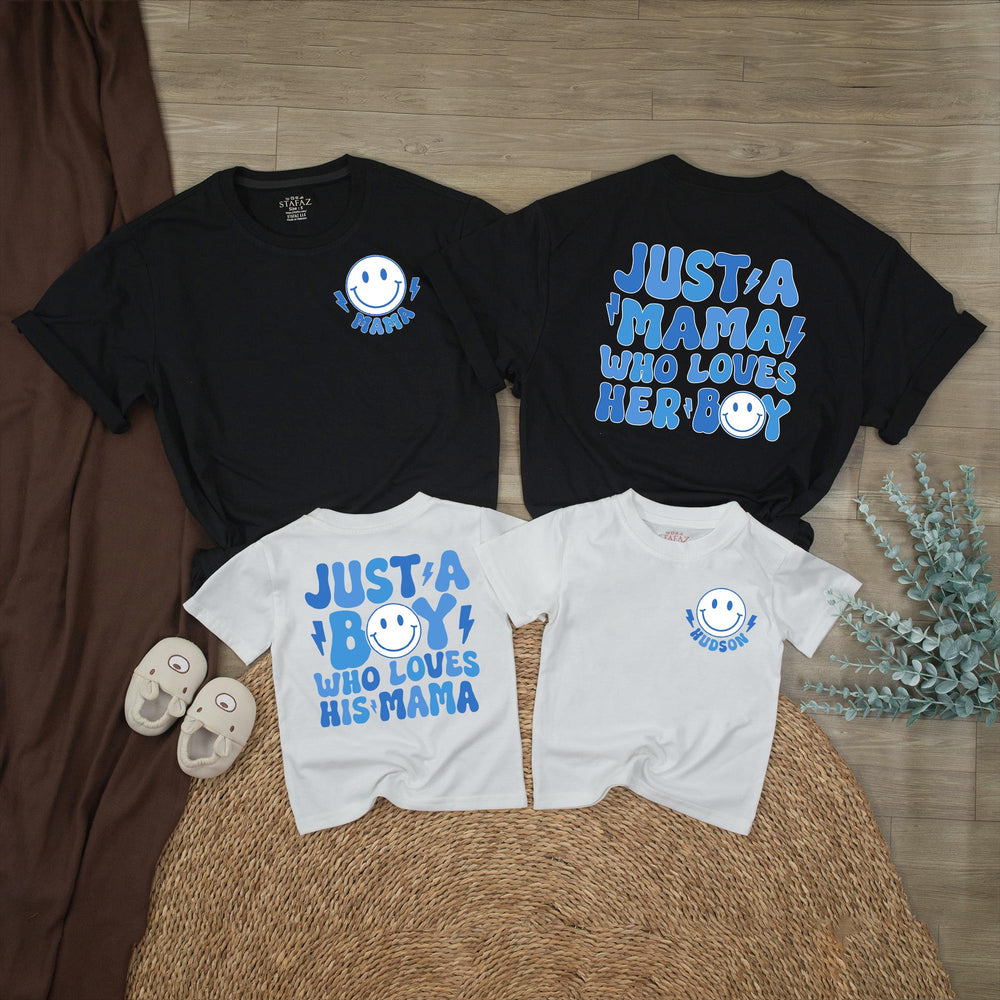 Personalized Retro Mom and Son Matching Outfits with Smiley Face, Cute Boy Mama Shirt and Bubble Romper Gift for Baby or Toddler