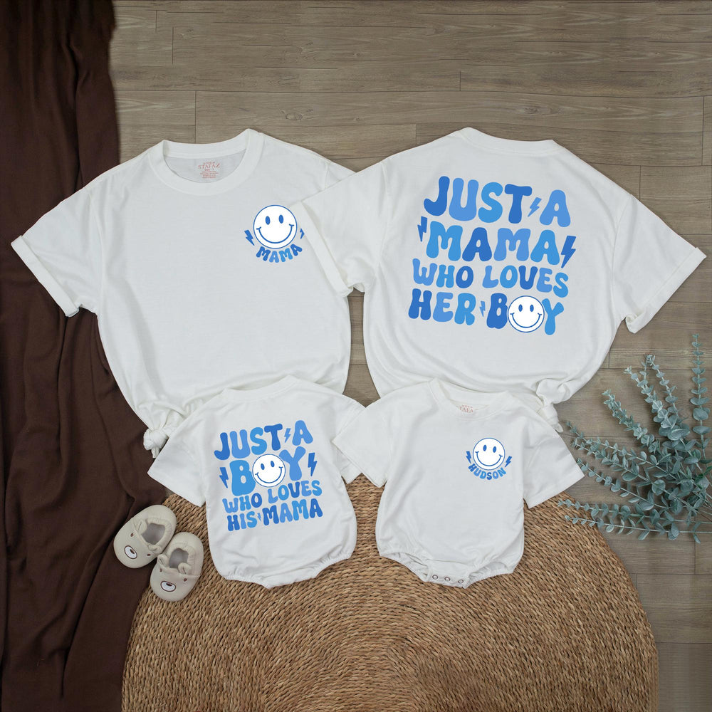 Personalized Retro Mom and Son Matching Outfits with Smiley Face, Cute Boy Mama Shirt and Bubble Romper Gift for Baby or Toddler