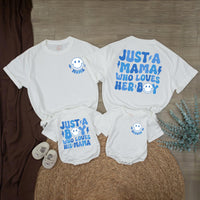 Personalized Retro Mom and Son Matching Outfits with Smiley Face, Cute Boy Mama Shirt and Bubble Romper Gift for Baby or Toddler