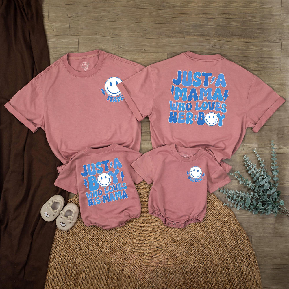 Personalized Retro Mom and Son Matching Outfits with Smiley Face, Cute Boy Mama Shirt and Bubble Romper Gift for Baby or Toddler