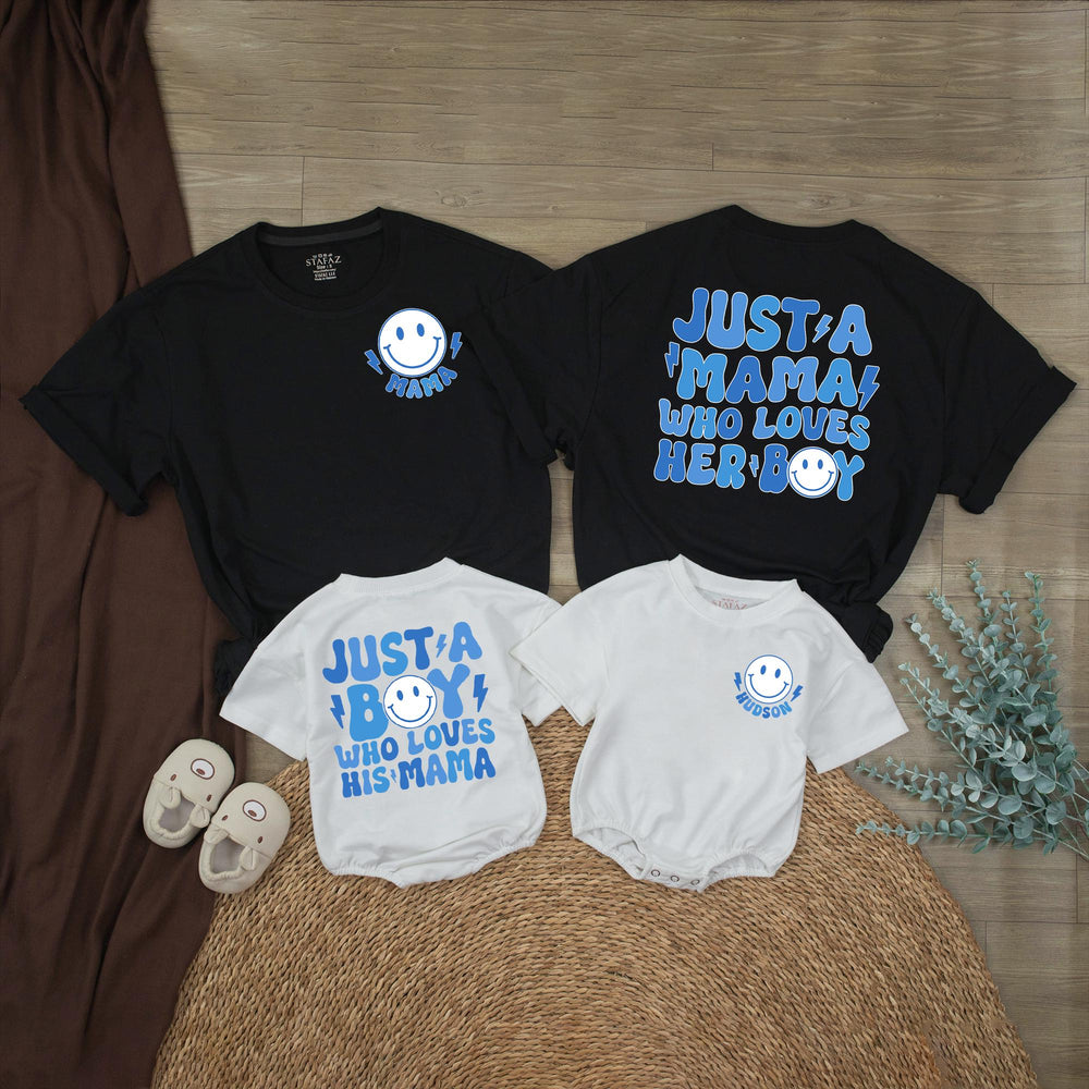 Personalized Retro Mom and Son Matching Outfits with Smiley Face, Cute Boy Mama Shirt and Bubble Romper Gift for Baby or Toddler