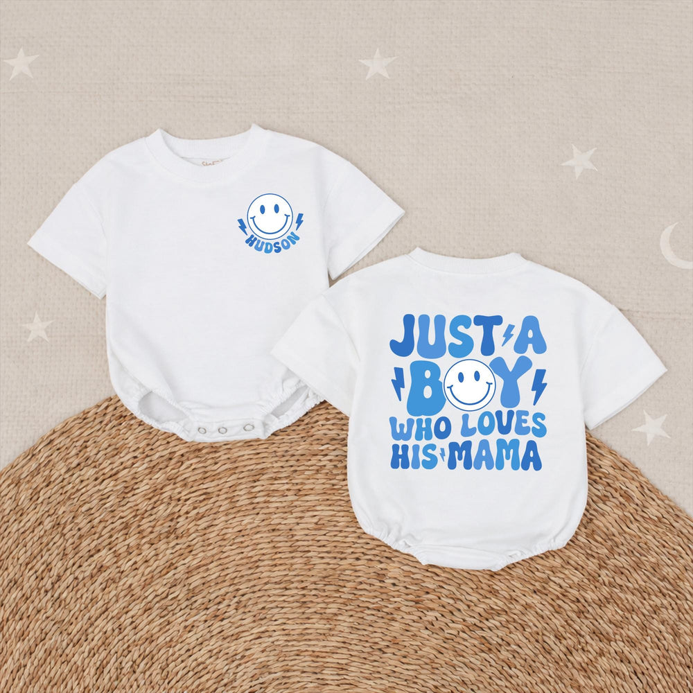 Personalized Retro Mom and Son Matching Outfits with Smiley Face, Cute Boy Mama Shirt and Bubble Romper Gift for Baby or Toddler