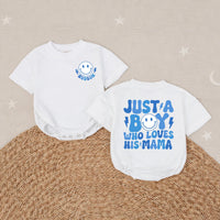 Personalized Retro Mom and Son Matching Outfits with Smiley Face, Cute Boy Mama Shirt and Bubble Romper Gift for Baby or Toddler