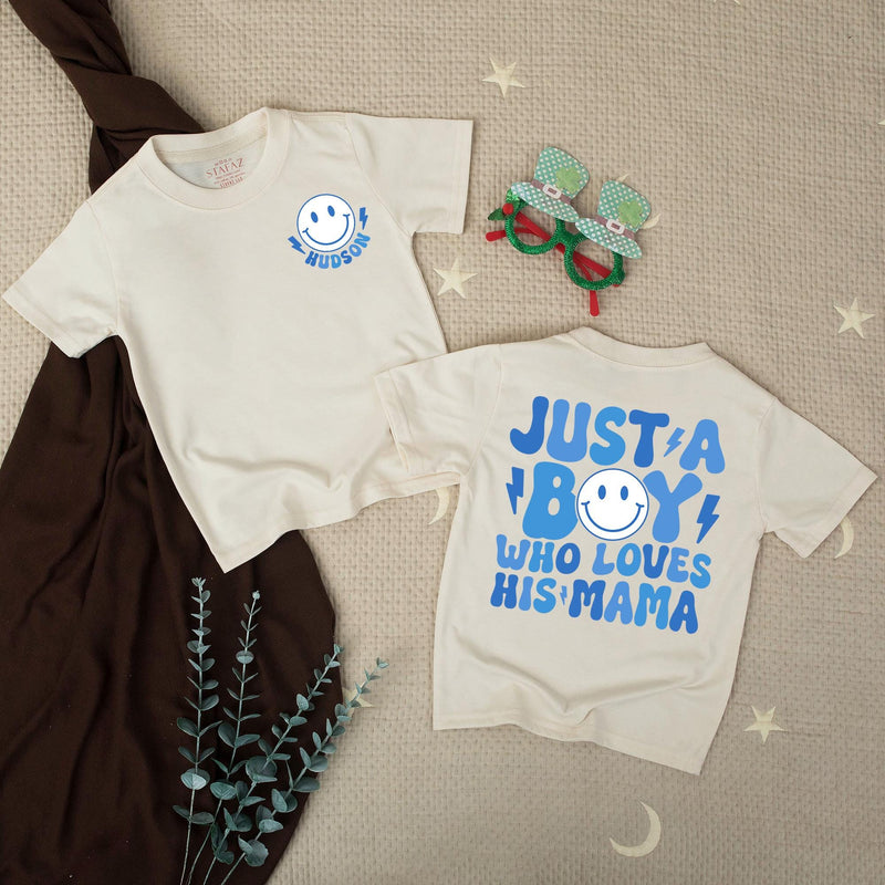 Personalized Retro Mom and Son Matching Outfits with Smiley Face, Cute Boy Mama Shirt and Bubble Romper Gift for Baby or Toddler