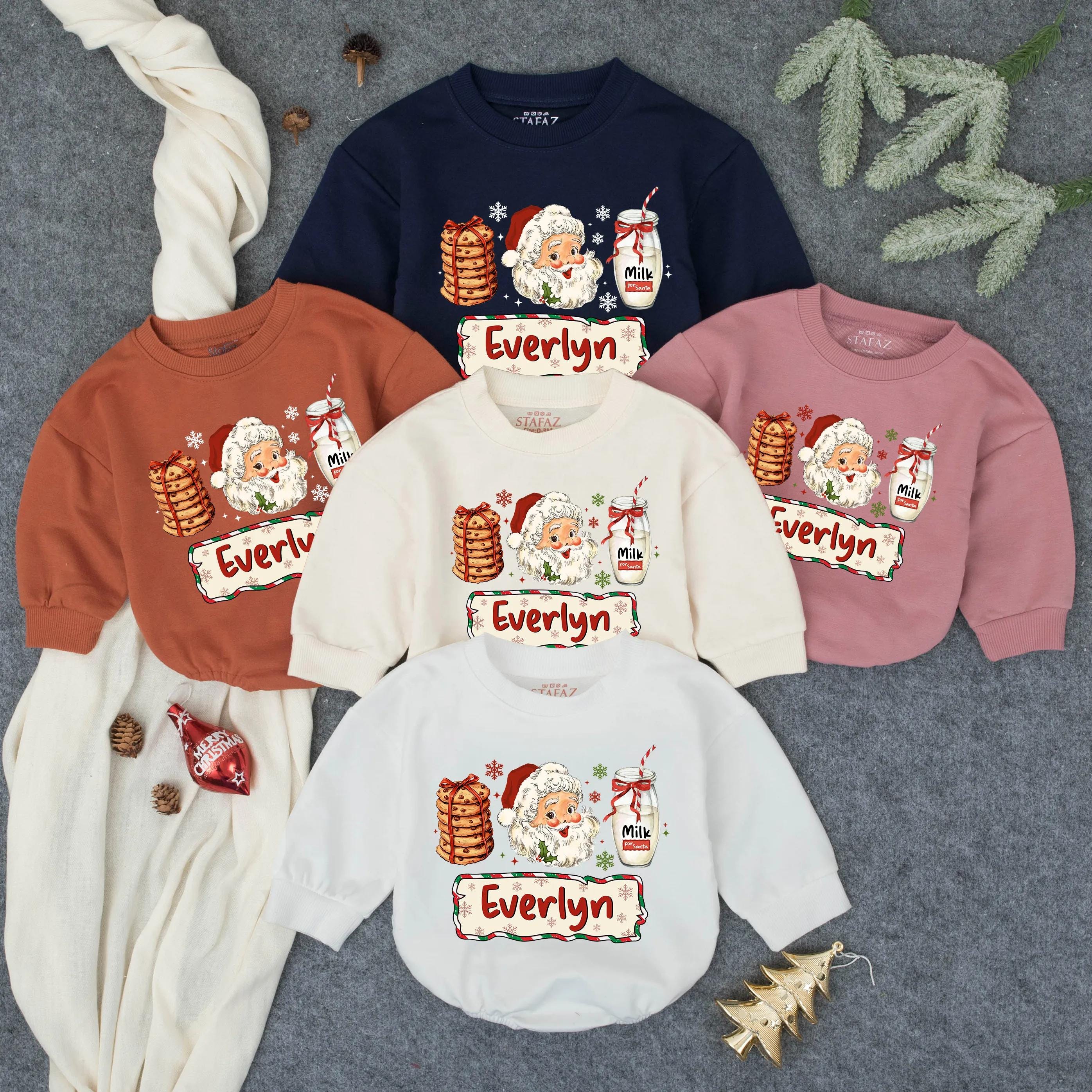 Personalized Retro Santa Baby Romper Christmas Outfit with Jolly Santa Claus Cookies Milk Whimsical Snowflakes Holiday Gift Cotton