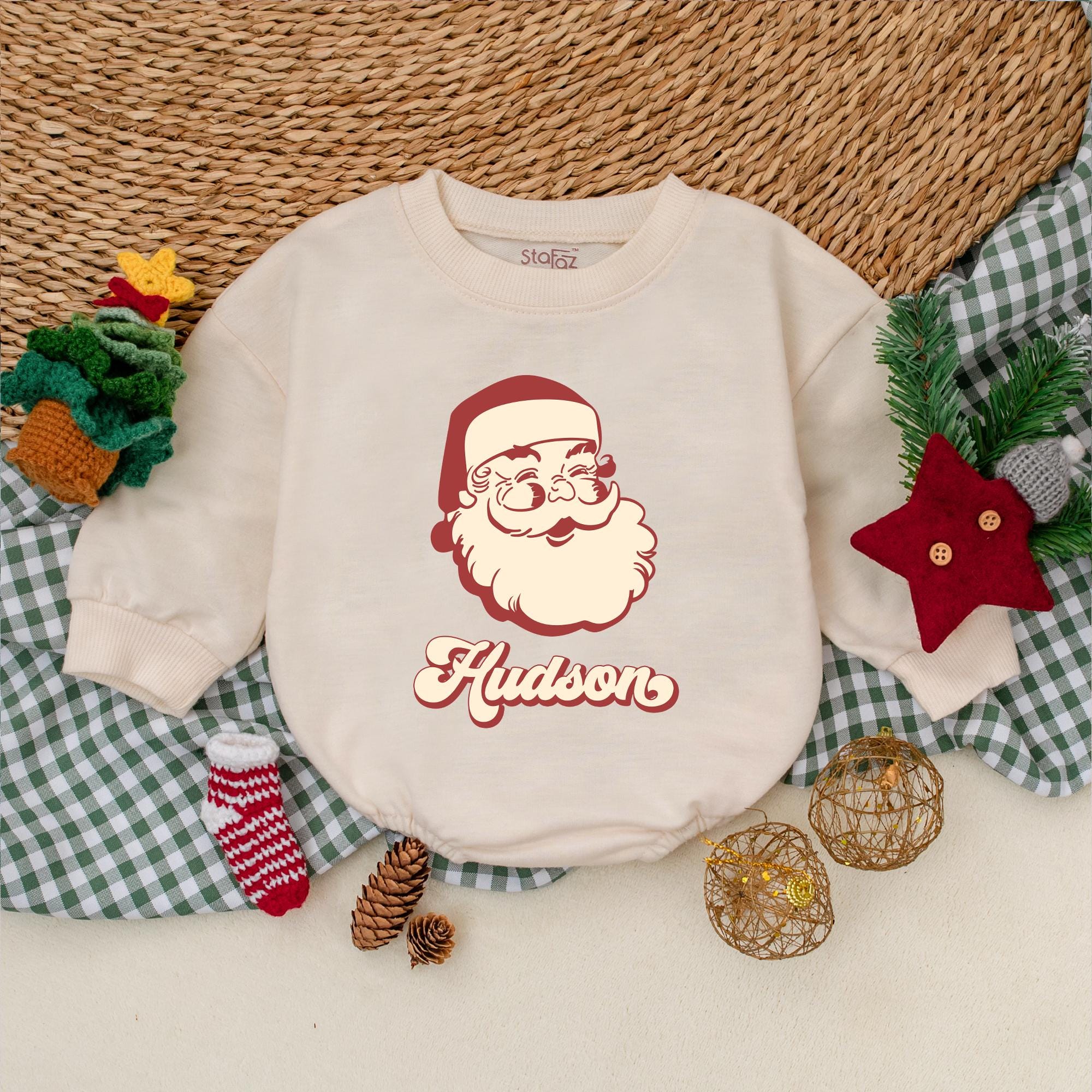 Personalized Retro Santa Romper Boys Christmas Baby Outfit Soft Cotton Winter Clothes First Holiday Gift Vintage Design