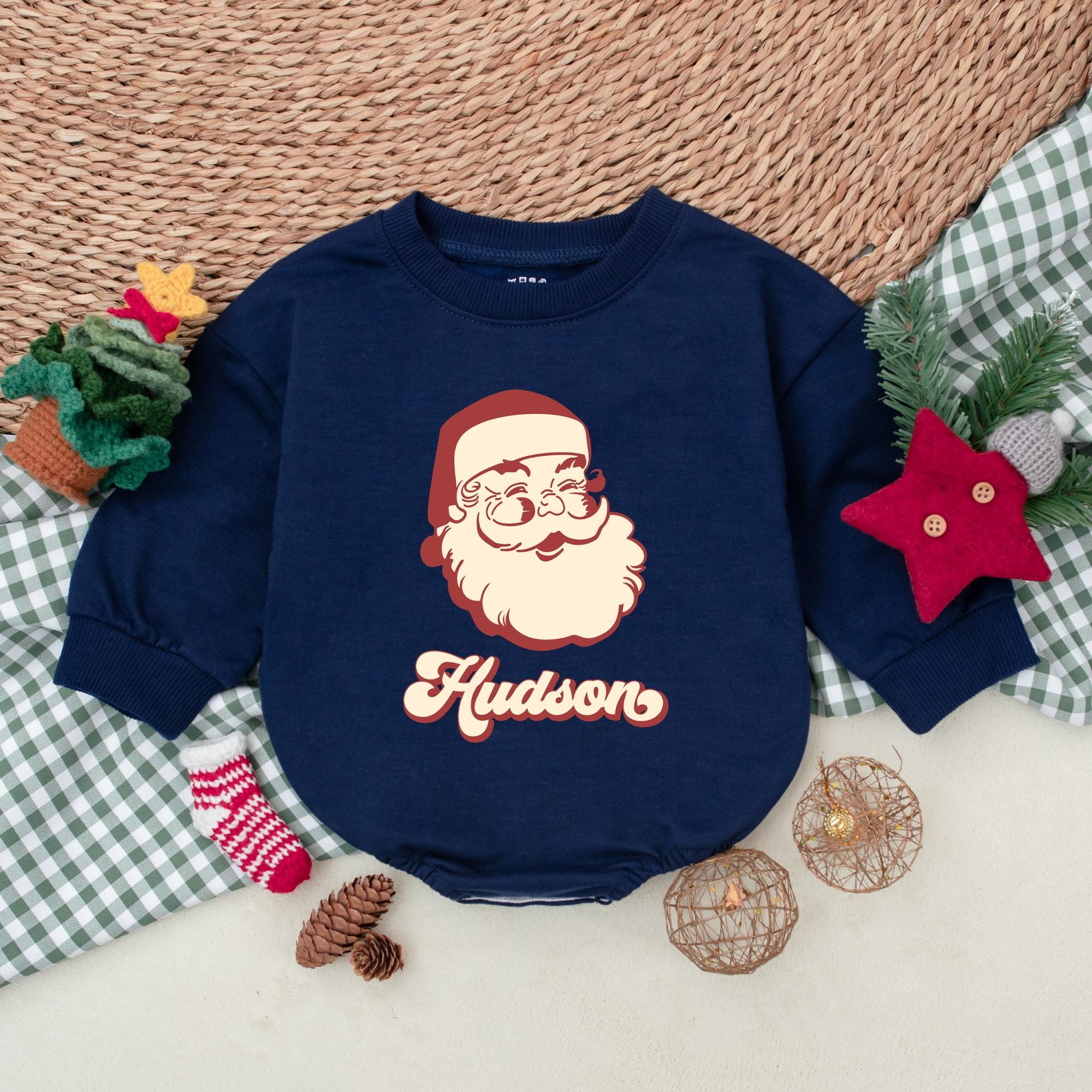 Personalized Retro Santa Romper Boys Christmas Baby Outfit Soft Cotton Winter Clothes First Holiday Gift Vintage Design
