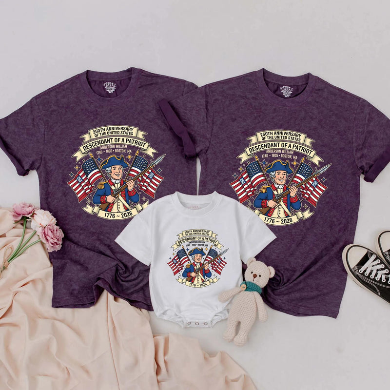 Personalized Revolutionary War Ancestor Tee 250th Anniversary Descendant of a Patriot Shirt Custom Name Vintage American Heritage Design