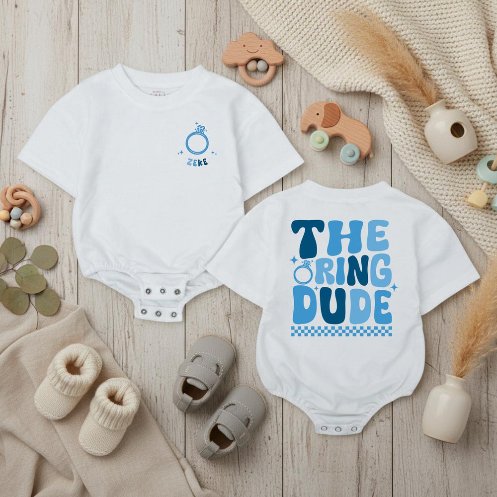 Personalized Ring Dude Baby Romper Custom Name Wedding Outfit Soft Cotton Ring Bearer Gift Retro Blue Checkered Baby Bodysuit Design