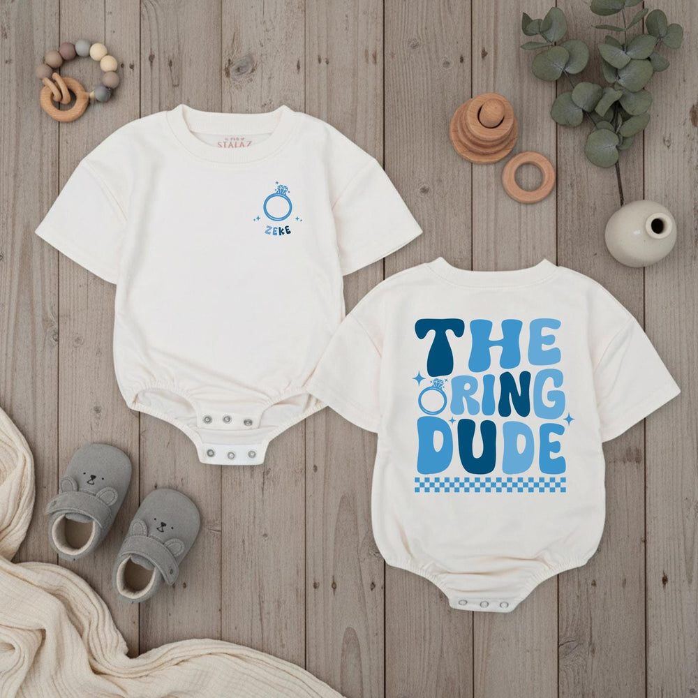 Personalized Ring Dude Baby Romper Custom Name Wedding Outfit Soft Cotton Ring Bearer Gift Retro Blue Checkered Baby Bodysuit Design