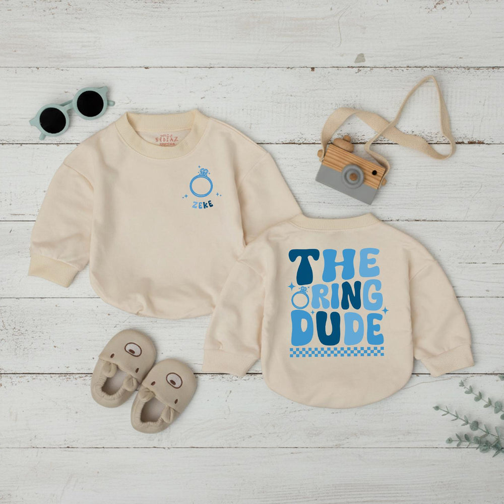 Personalized Ring Dude Baby Romper Custom Name Wedding Outfit Soft Cotton Ring Bearer Gift Retro Blue Checkered Baby Bodysuit Design
