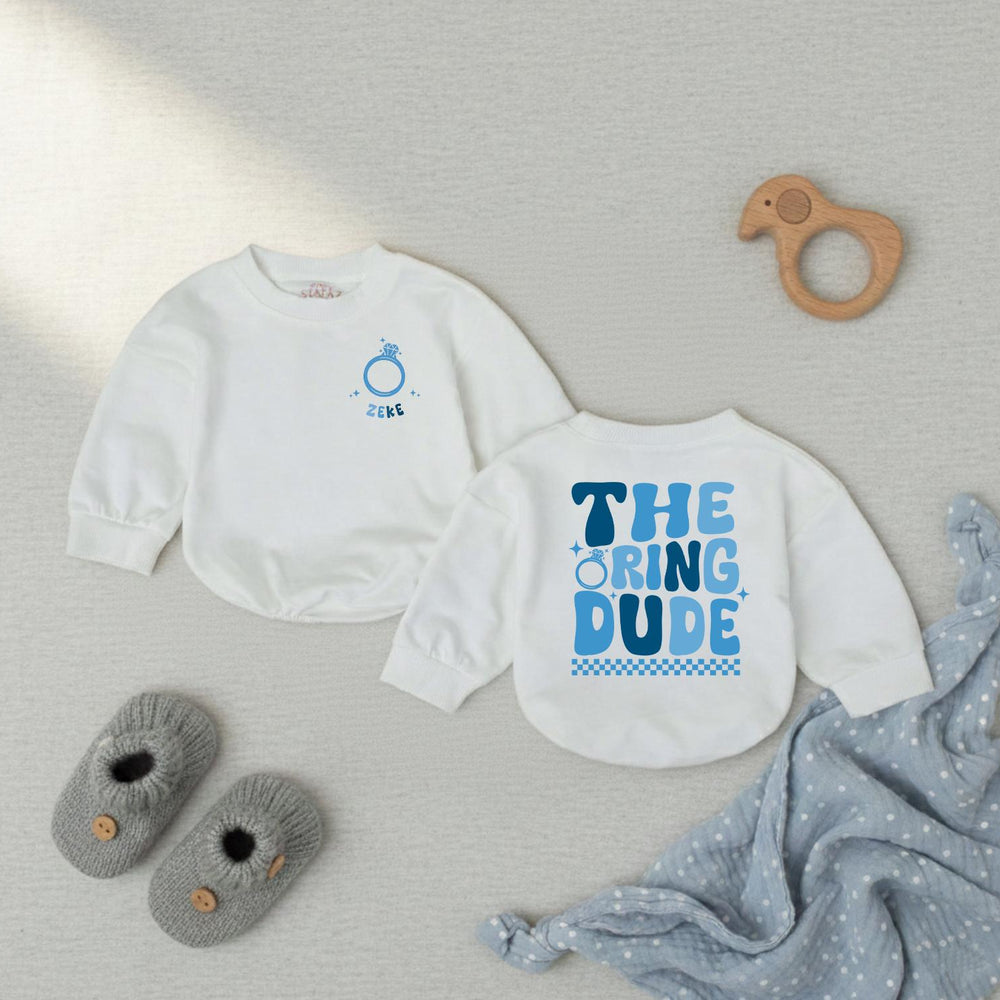 Personalized Ring Dude Baby Romper Custom Name Wedding Outfit Soft Cotton Ring Bearer Gift Retro Blue Checkered Baby Bodysuit Design