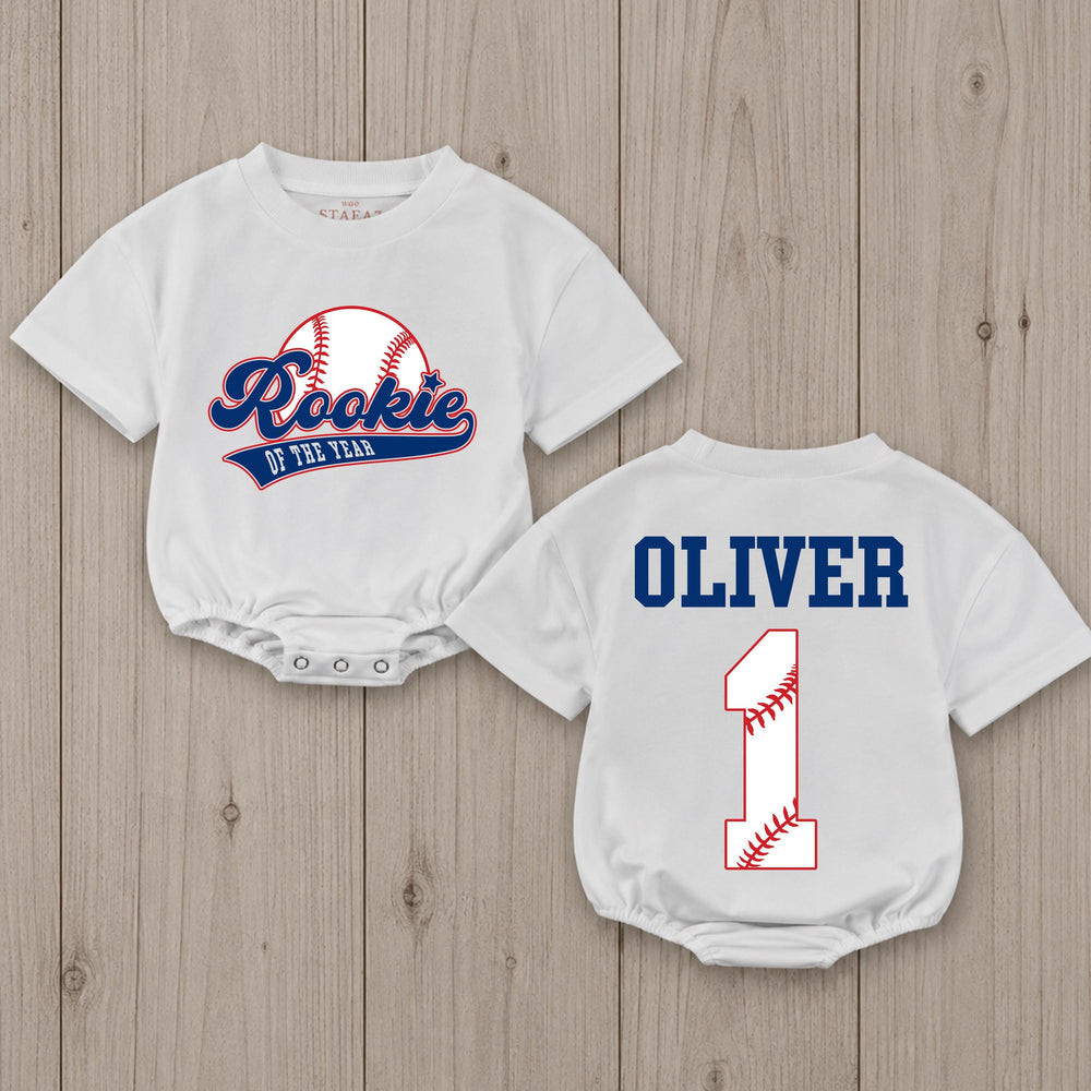 Personalized Rookie of the Year Baby Romper Baseball First Birthday Outfit for Boys Sports Theme Bubble Romper Cake Smash Clothes