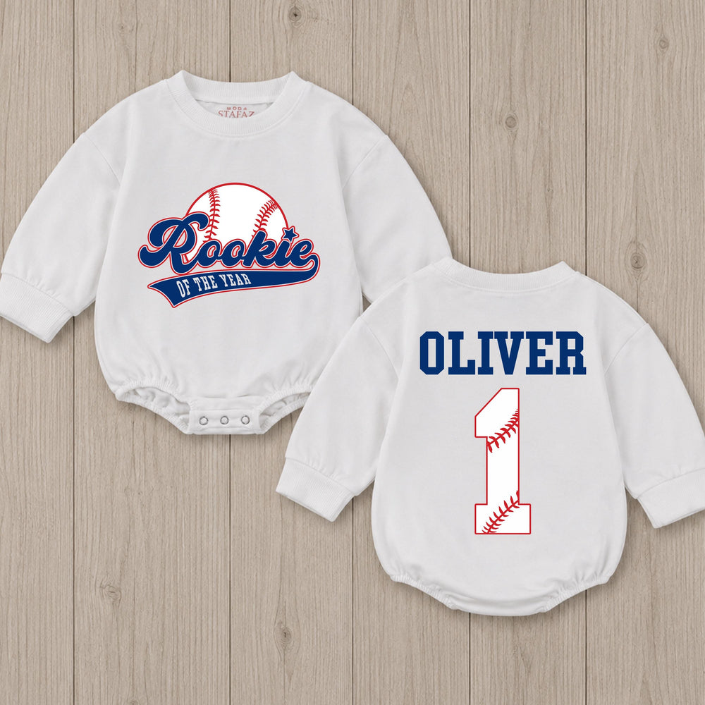 Personalized Rookie of the Year Baby Romper Baseball First Birthday Outfit for Boys Sports Theme Bubble Romper Cake Smash Clothes