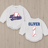 Personalized Rookie of the Year Baby Romper Baseball First Birthday Outfit for Boys Sports Theme Bubble Romper Cake Smash Clothes