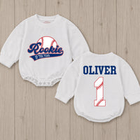 Personalized Rookie of the Year Baby Romper Baseball First Birthday Outfit for Boys Sports Theme Bubble Romper Cake Smash Clothes