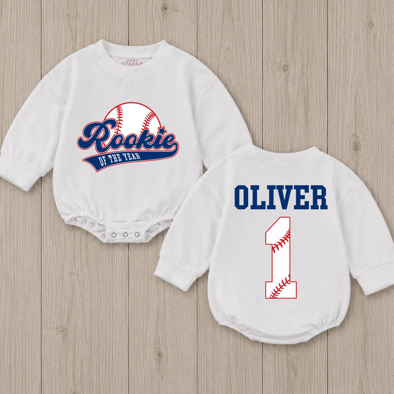 Personalized Rookie of the Year Baby Romper Baseball First Birthday Outfit for Boys Sports Theme Bubble Romper Cake Smash Clothes