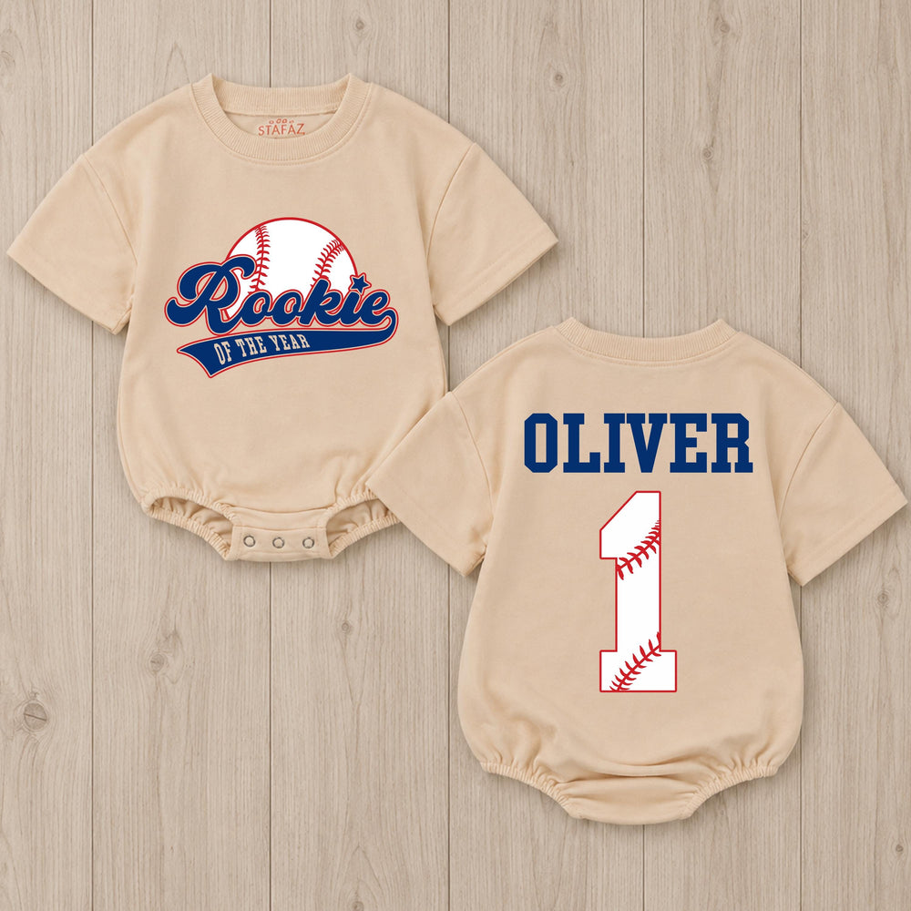 Personalized Rookie of the Year Baby Romper Baseball First Birthday Outfit for Boys Sports Theme Bubble Romper Cake Smash Clothes