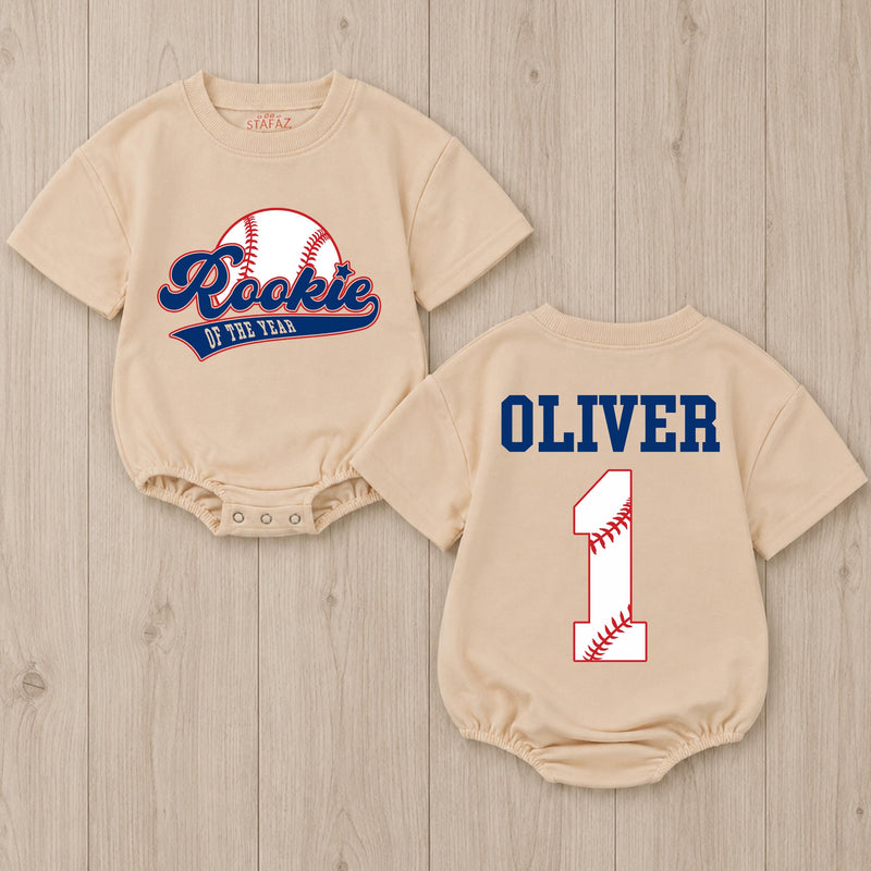 Personalized Rookie of the Year Baby Romper Baseball First Birthday Outfit for Boys Sports Theme Bubble Romper Cake Smash Clothes