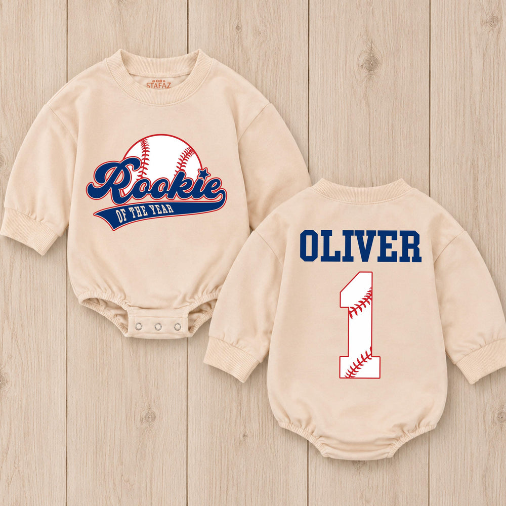 Personalized Rookie of the Year Baby Romper Baseball First Birthday Outfit for Boys Sports Theme Bubble Romper Cake Smash Clothes