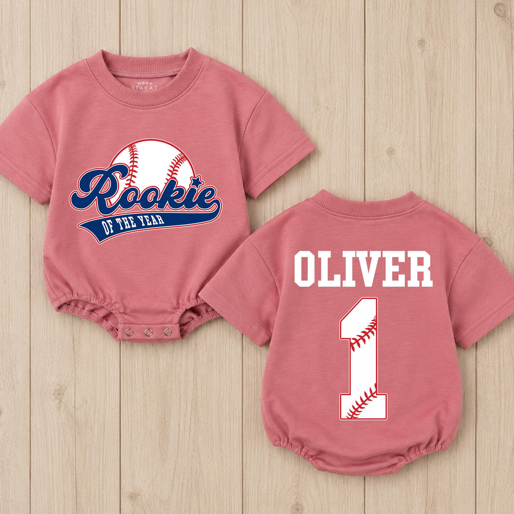 Personalized Rookie of the Year Baby Romper Baseball First Birthday Outfit for Boys Sports Theme Bubble Romper Cake Smash Clothes
