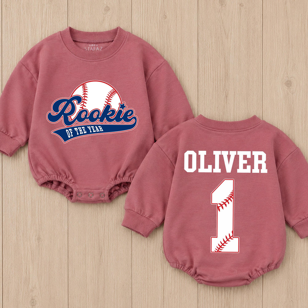Personalized Rookie of the Year Baby Romper Baseball First Birthday Outfit for Boys Sports Theme Bubble Romper Cake Smash Clothes