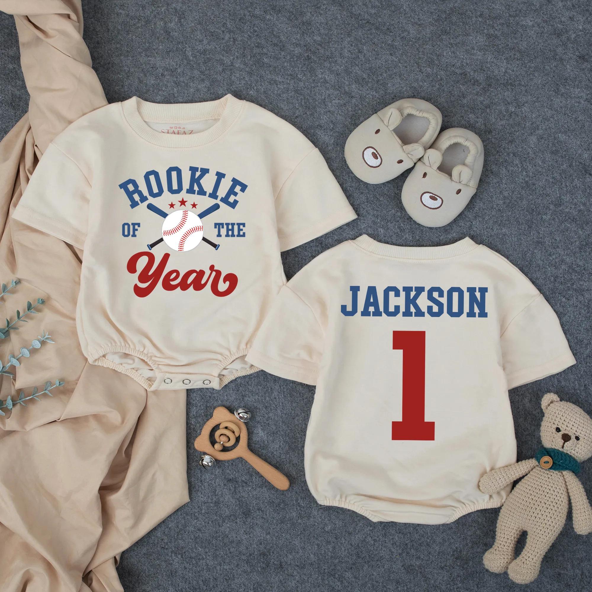 Personalized Rookie of the Year Baseball Bubble Romper for Baby Boy First Birthday Outfit with Custom Name and Number in Red and Blue