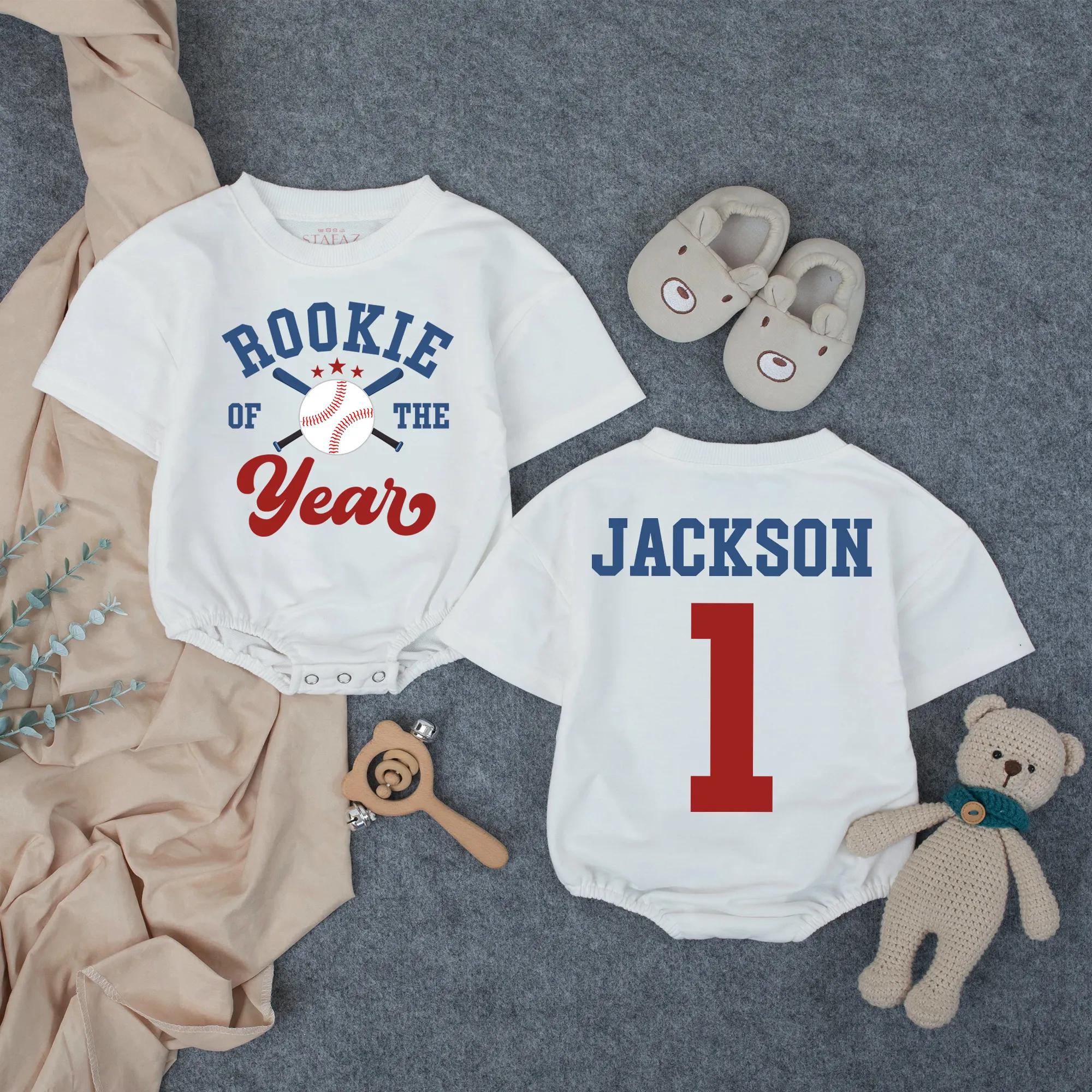 Personalized Rookie of the Year Baseball Bubble Romper for Baby Boy First Birthday Outfit with Custom Name and Number in Red and Blue