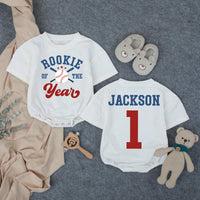 Personalized Rookie of the Year Baseball 1st Birthday Romper for Baby Boy, Custom Name Outfit, Soft Cotton Long Sleeve for Milestone Photos
