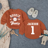 Personalized Rookie of the Year Baseball 1st Birthday Romper for Baby Boy, Custom Name Outfit, Soft Cotton Long Sleeve for Milestone Photos