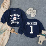 Personalized Rookie of the Year Baseball 1st Birthday Romper for Baby Boy, Custom Name Outfit, Soft Cotton Long Sleeve for Milestone Photos