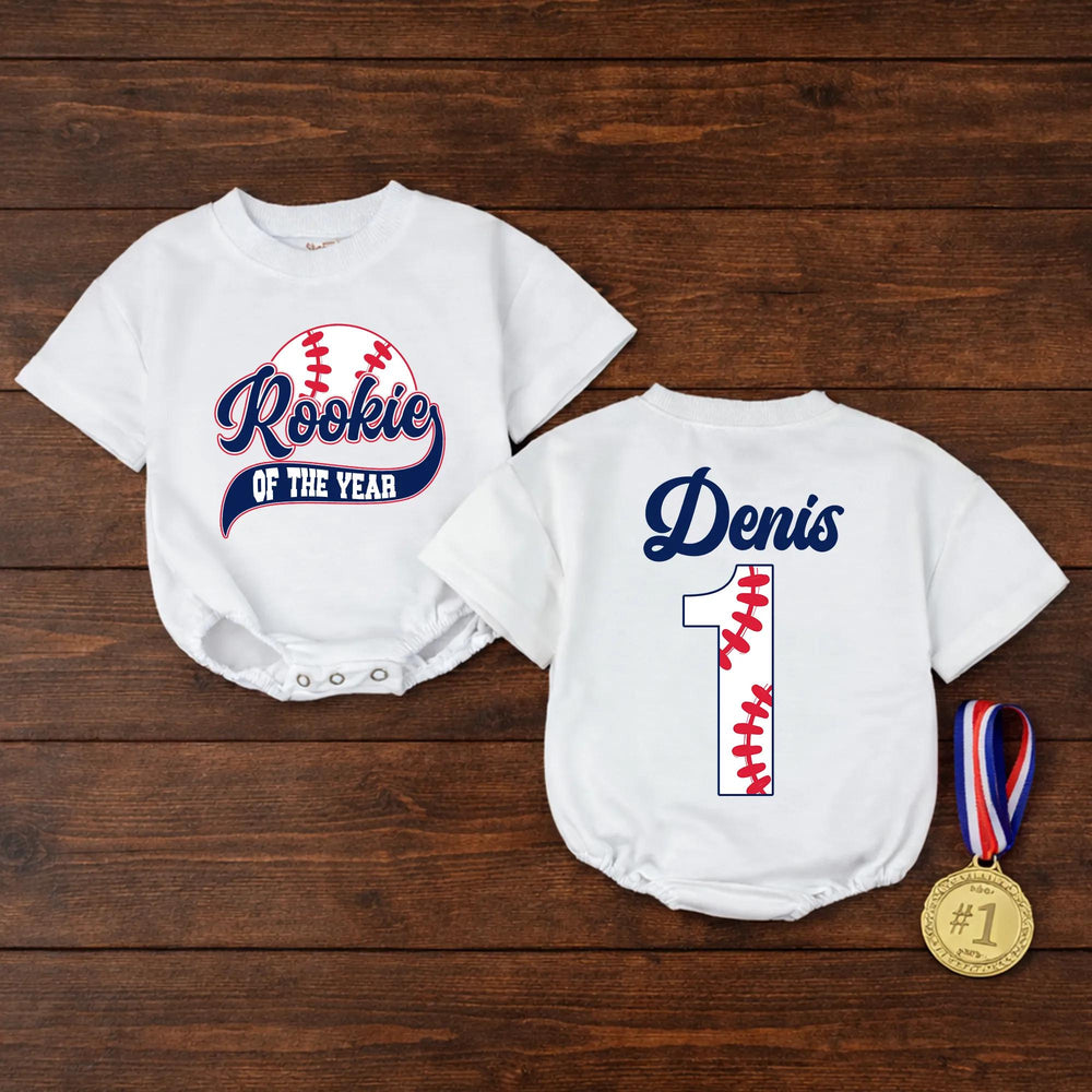 Personalized Rookie of the Year Baseball Romper for Boys First Birthday Outfit with Custom Name and Number, Navy Red Design Baby Bodysuit