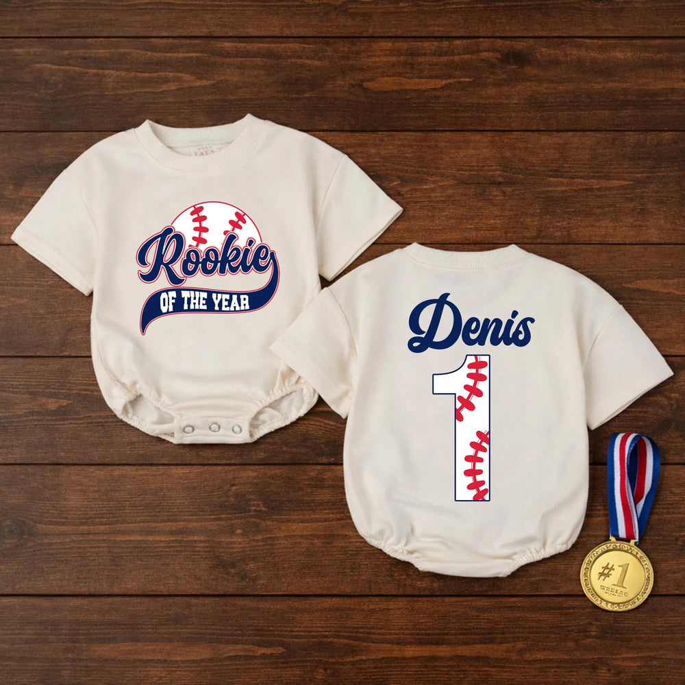 Personalized Rookie of the Year Baseball Romper for Boys First Birthday Outfit with Custom Name and Number, Navy Red Design Baby Bodysuit