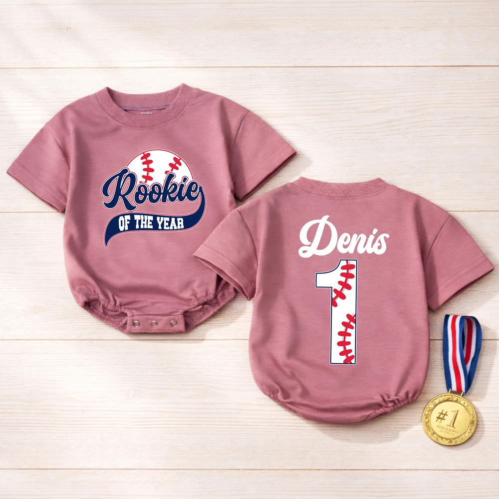 Personalized Rookie of the Year Baseball Romper for Boys First Birthday Outfit with Custom Name and Number, Navy Red Design Baby Bodysuit