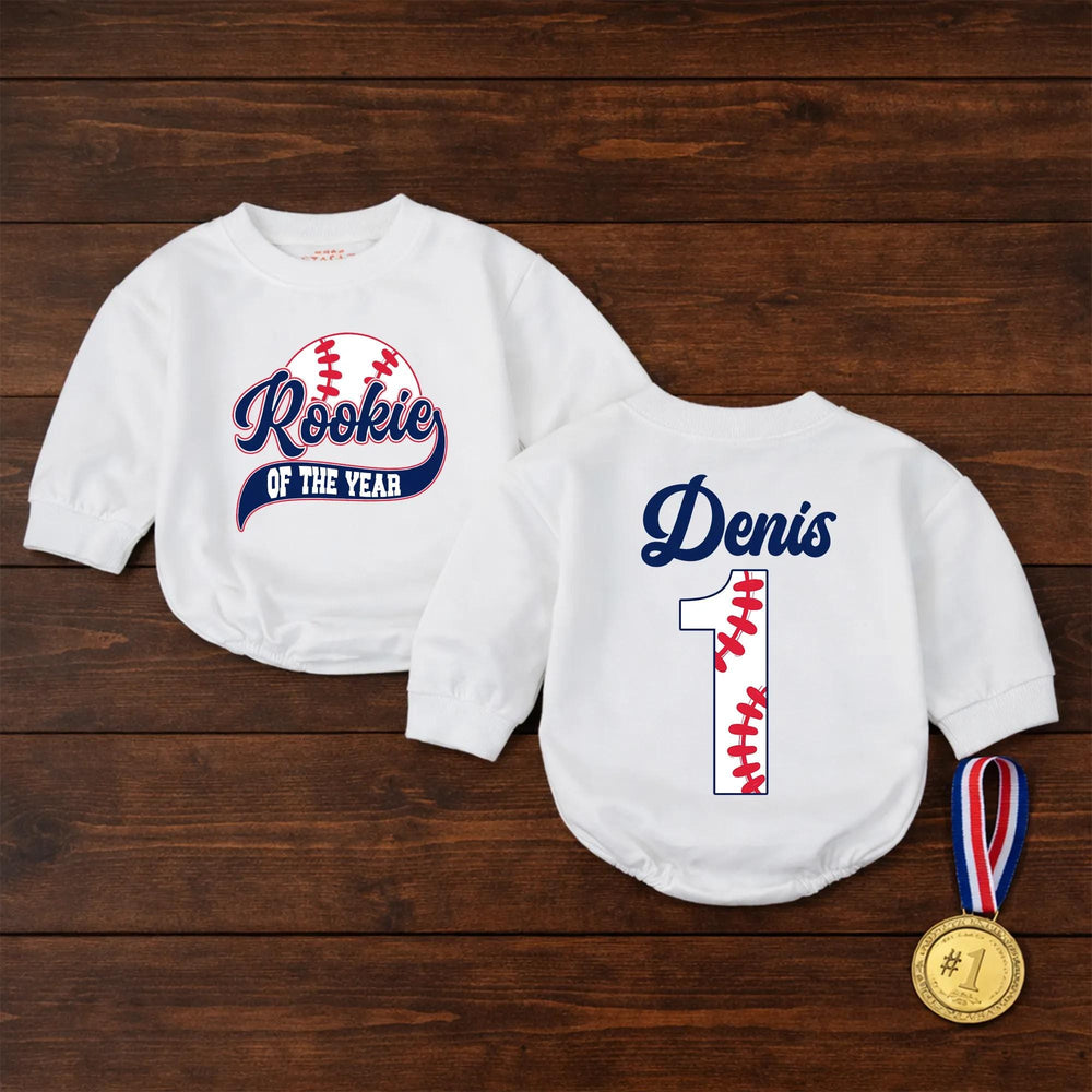 Personalized Rookie of the Year Baseball Romper for Boys First Birthday Outfit with Custom Name and Number, Navy Red Design Baby Bodysuit