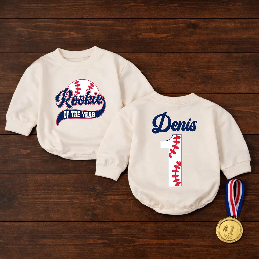 Personalized Rookie of the Year Baseball Romper for Boys First Birthday Outfit with Custom Name and Number, Navy Red Design Baby Bodysuit