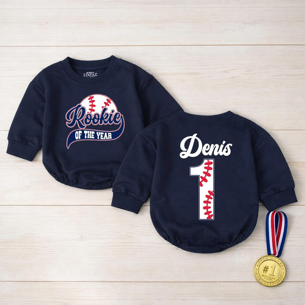 Personalized Rookie of the Year Baseball Romper for Boys First Birthday Outfit with Custom Name and Number, Navy Red Design Baby Bodysuit