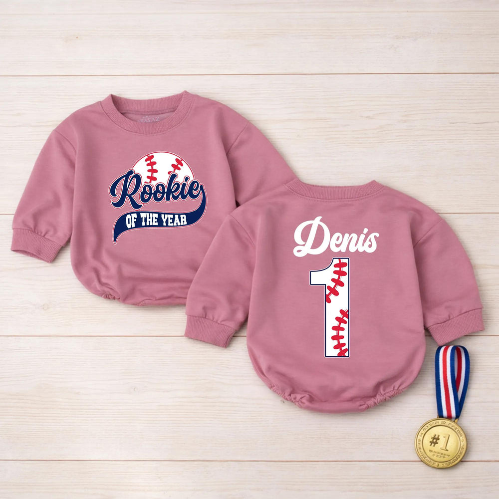 Personalized Rookie of the Year Baseball Romper for Boys First Birthday Outfit with Custom Name and Number, Navy Red Design Baby Bodysuit
