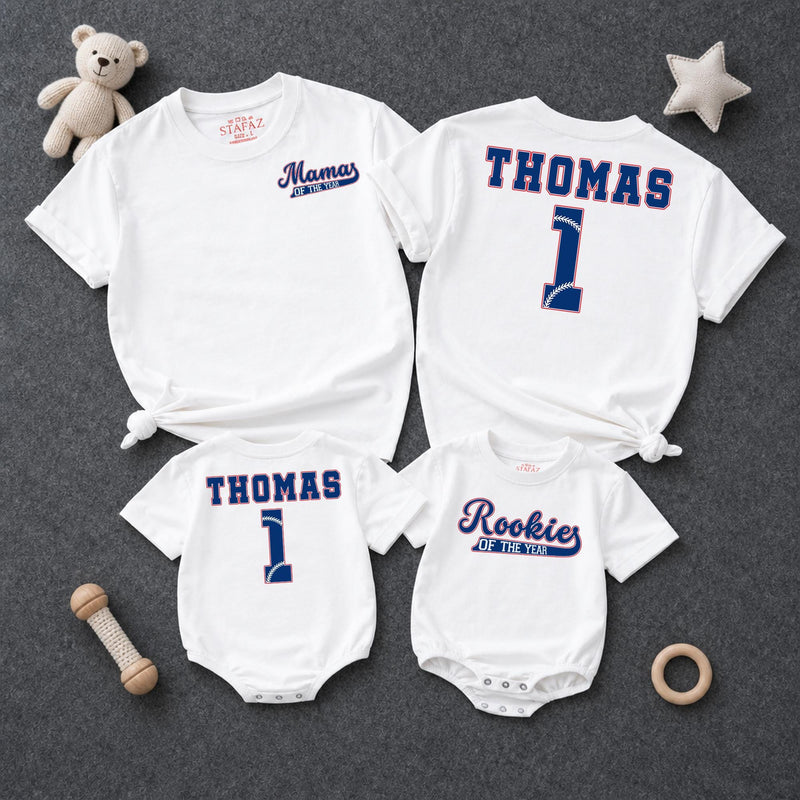 Personalized Rookie of the Year Baseball Romper & Matching Family Shirts, Custom Baby Outfit & Parent Tees for 1st Birthday Celebrations