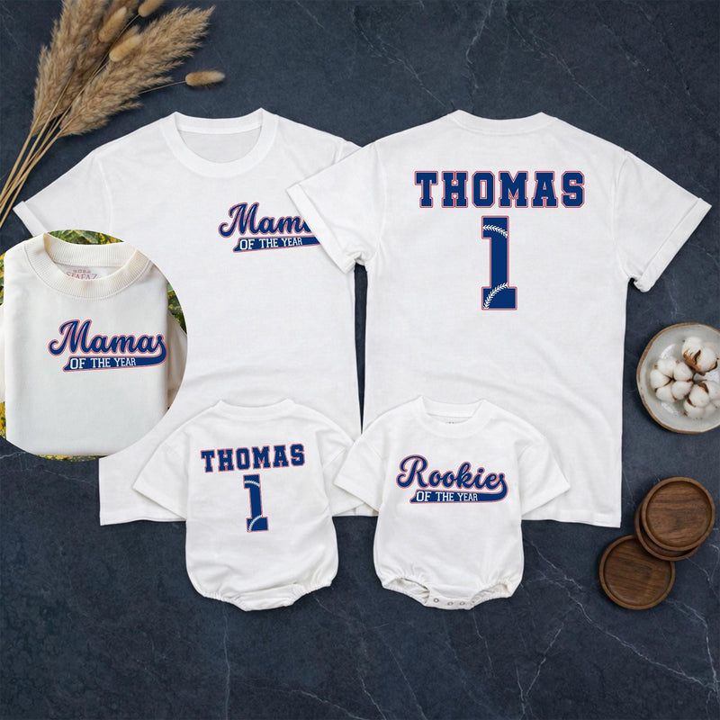 Personalized Rookie of the Year Baseball Romper & Matching Family Shirts, Custom Baby Outfit & Parent Tees for 1st Birthday Celebrations