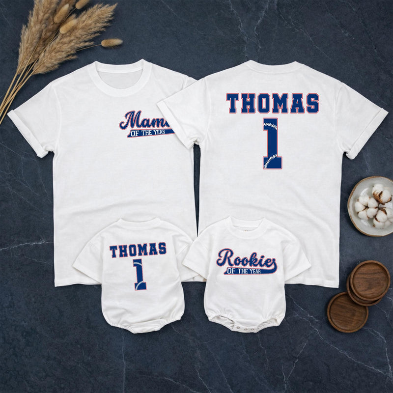 Personalized Rookie of the Year Baseball Romper & Matching Family Shirts, Custom Baby Outfit & Parent Tees for 1st Birthday Celebrations