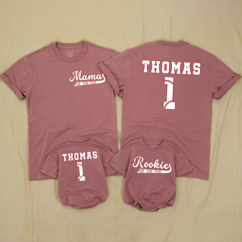 Personalized Rookie of the Year Baseball Romper & Matching Family Shirts, Custom Baby Outfit & Parent Tees for 1st Birthday Celebrations