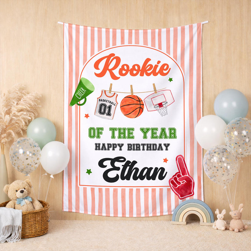 Personalized Rookie of the Year Basketball 1st Birthday Silk Banner for Boys Baby Toddler Kids Soft Cotton Season Celebration