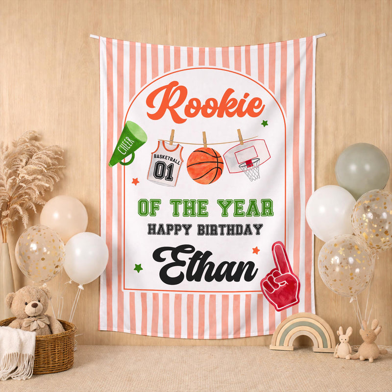 Personalized Rookie of the Year Basketball 1st Birthday Silk Banner for Boys Baby Toddler Kids Soft Cotton Season Celebration