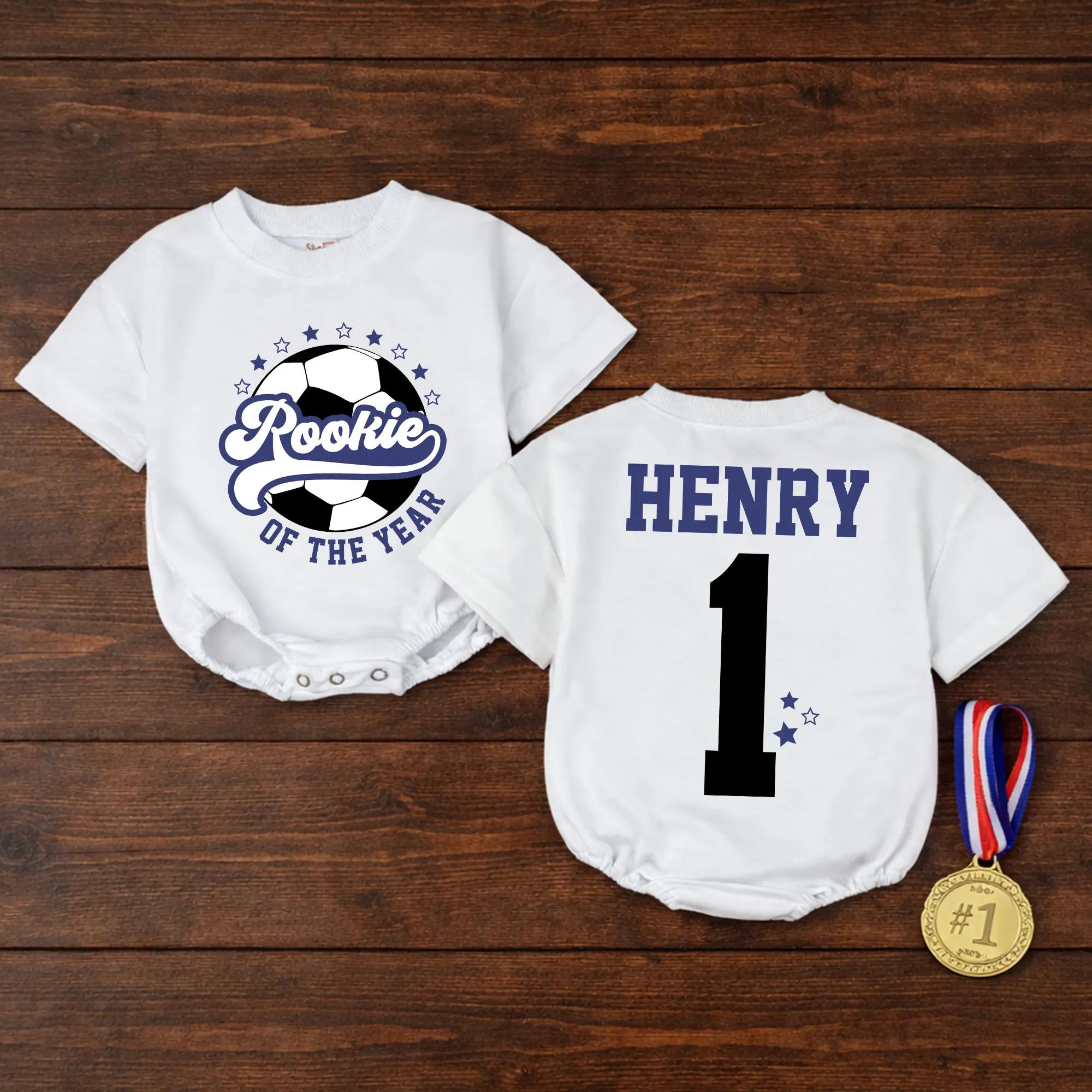 Personalized Rookie Of The Year Soccer Romper with Name & Number, Toddler First Birthday Outfit, Soft Cotton Summer Game Day Wear