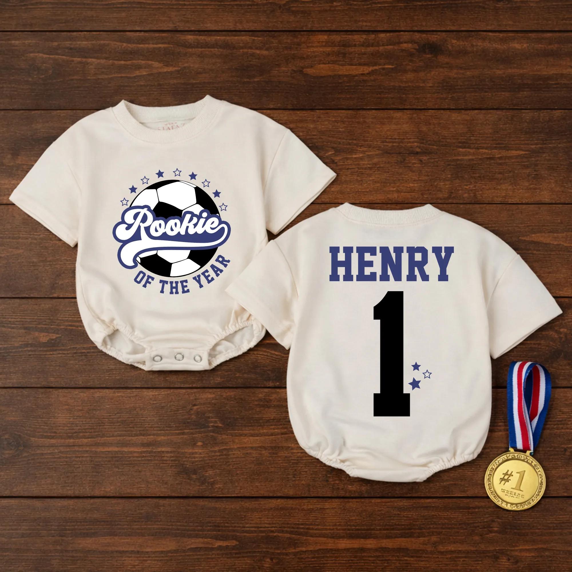 Personalized Rookie Of The Year Soccer Romper with Name & Number, Toddler First Birthday Outfit, Soft Cotton Summer Game Day Wear