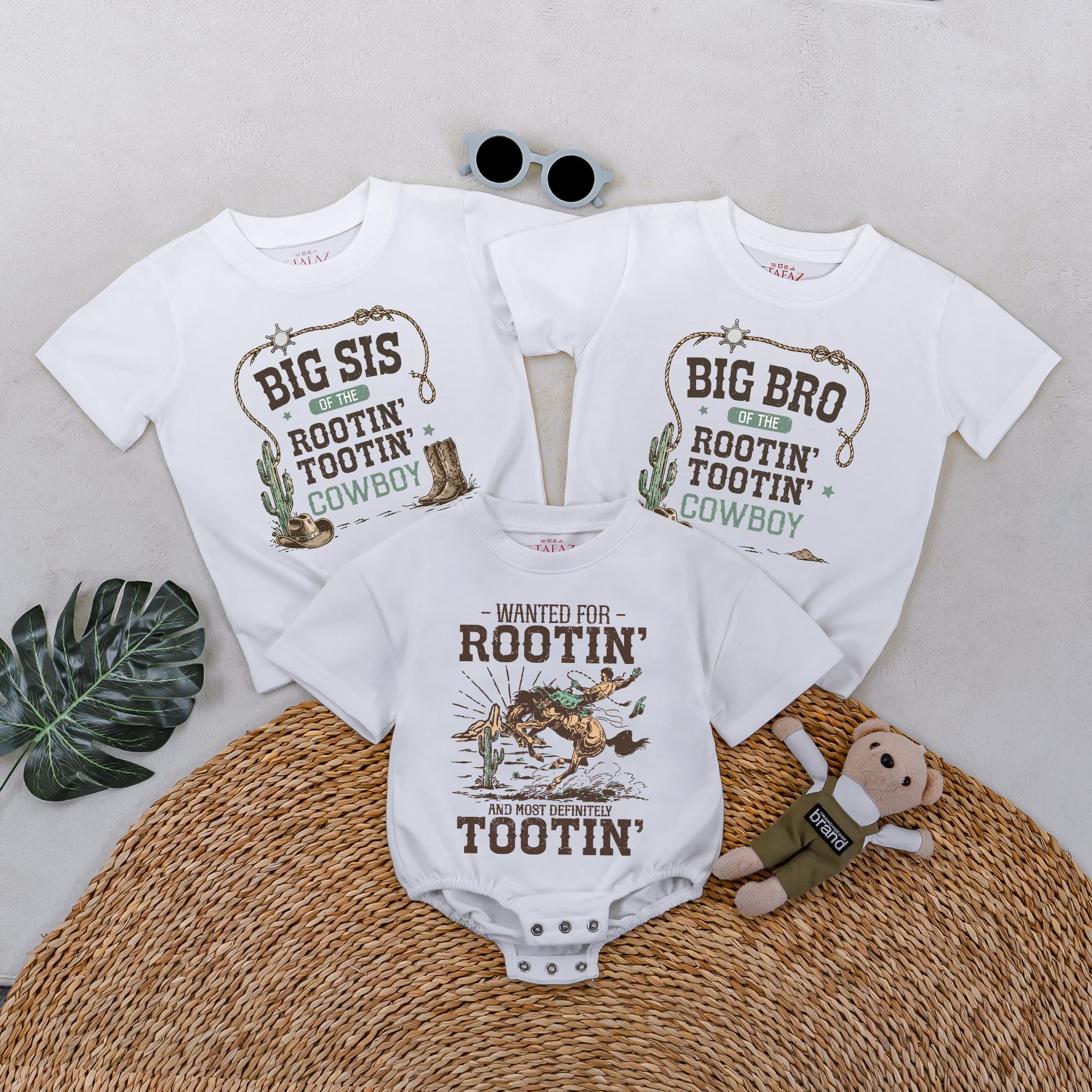 Personalized Rootin Tootin Cowboy Matching Sibling Shirts and Baby Romper Set, Big Bro Big Sis Toddler Tee, Baby Shower Gift Soft Cotton